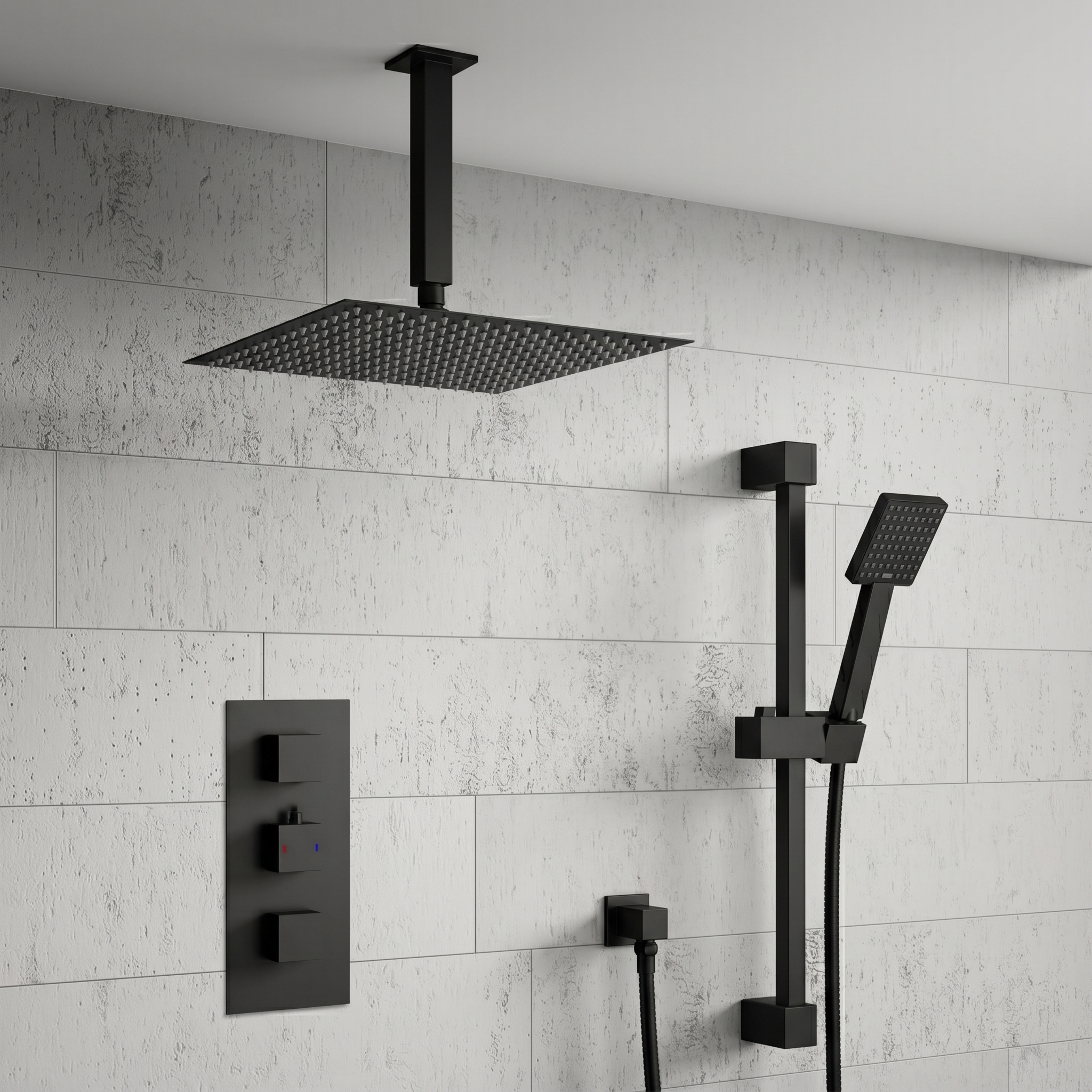 Harbour Status Concealed Shower Valve, Fixed Ceiling Mounted Head & Slide Rail Kit - Matt Black