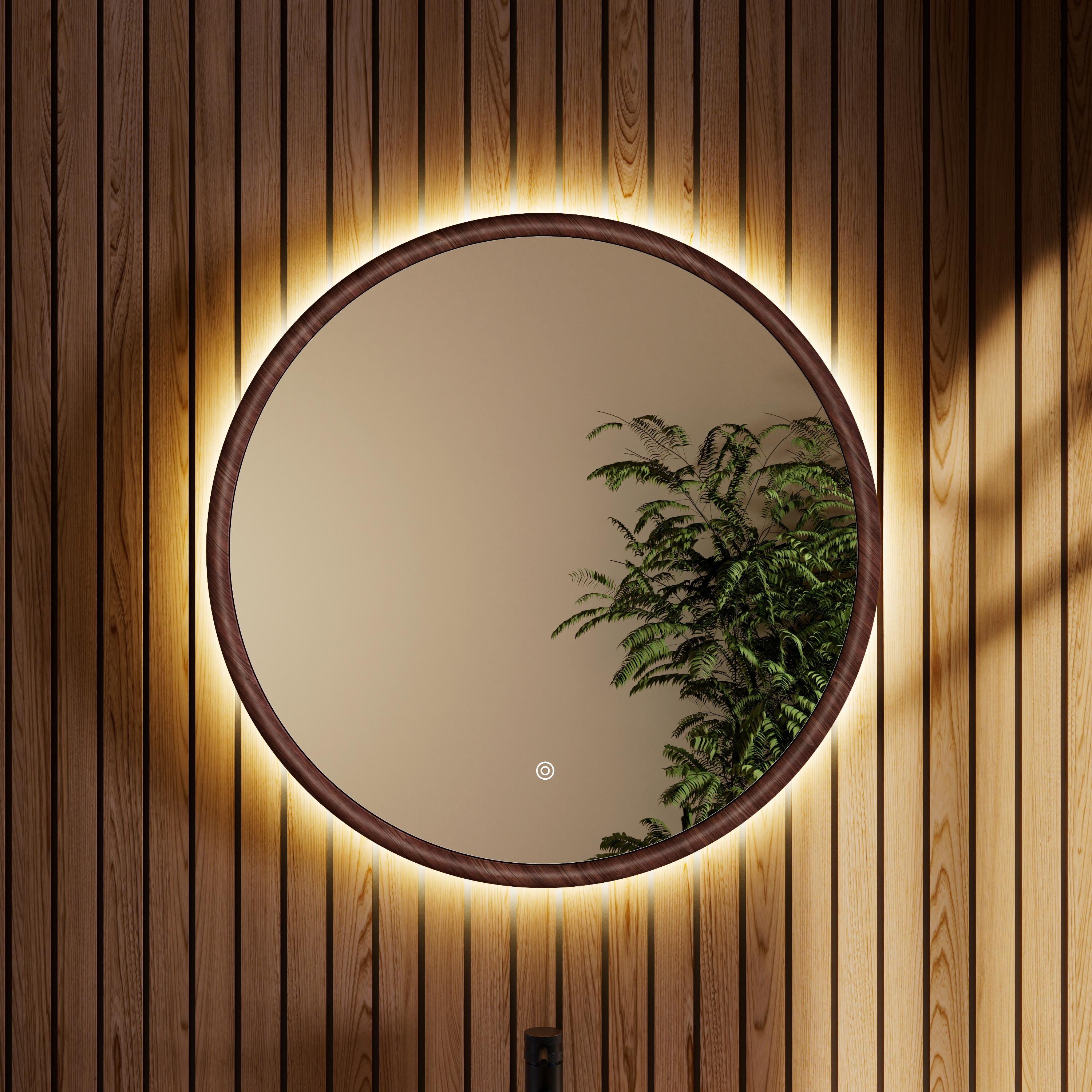 Alfie LED Illuminated Wood Framed Mirror with Trio Stone Wall Light in Dark Wood