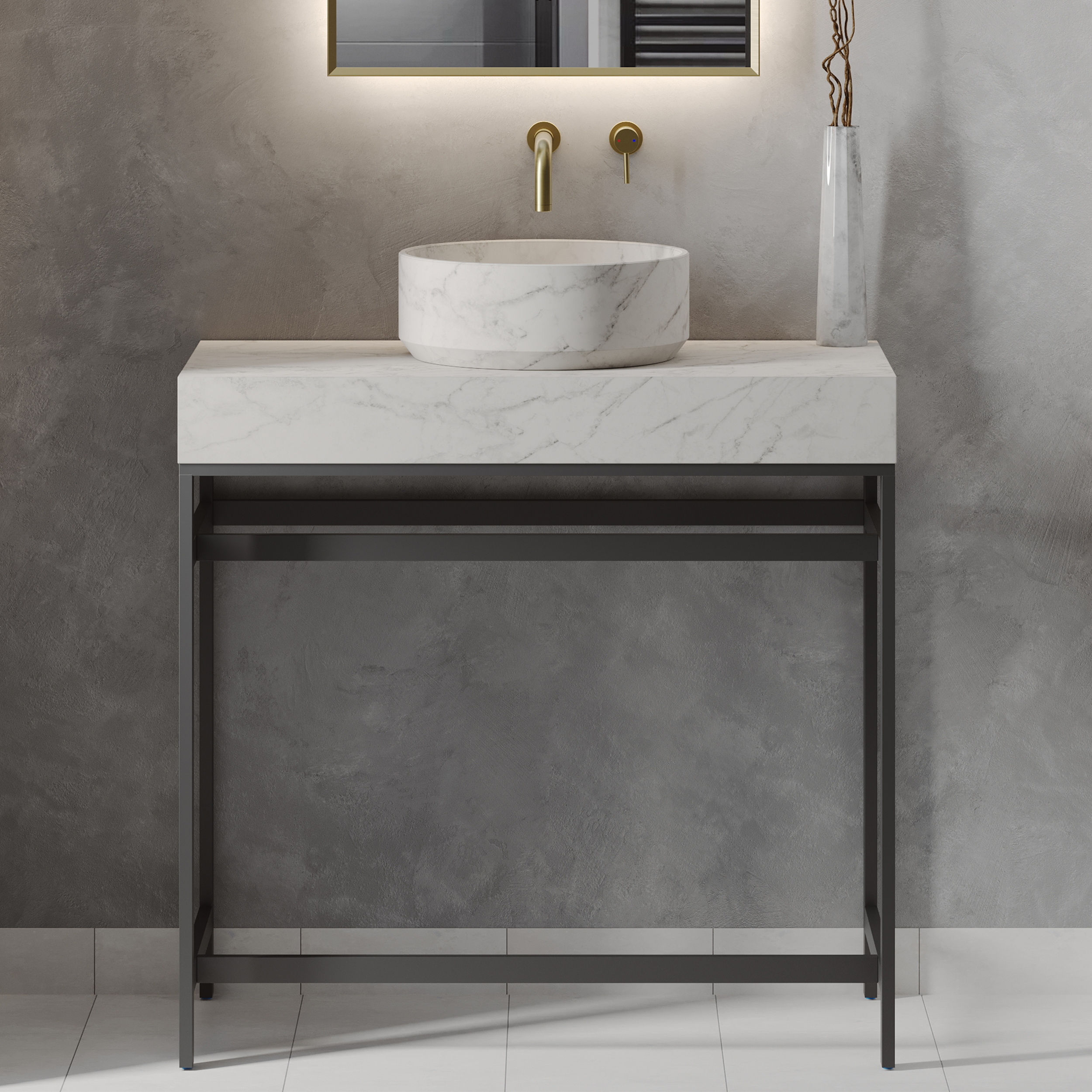 Harbour 800mm Venato White Marble Worktop with Matt Black Frame