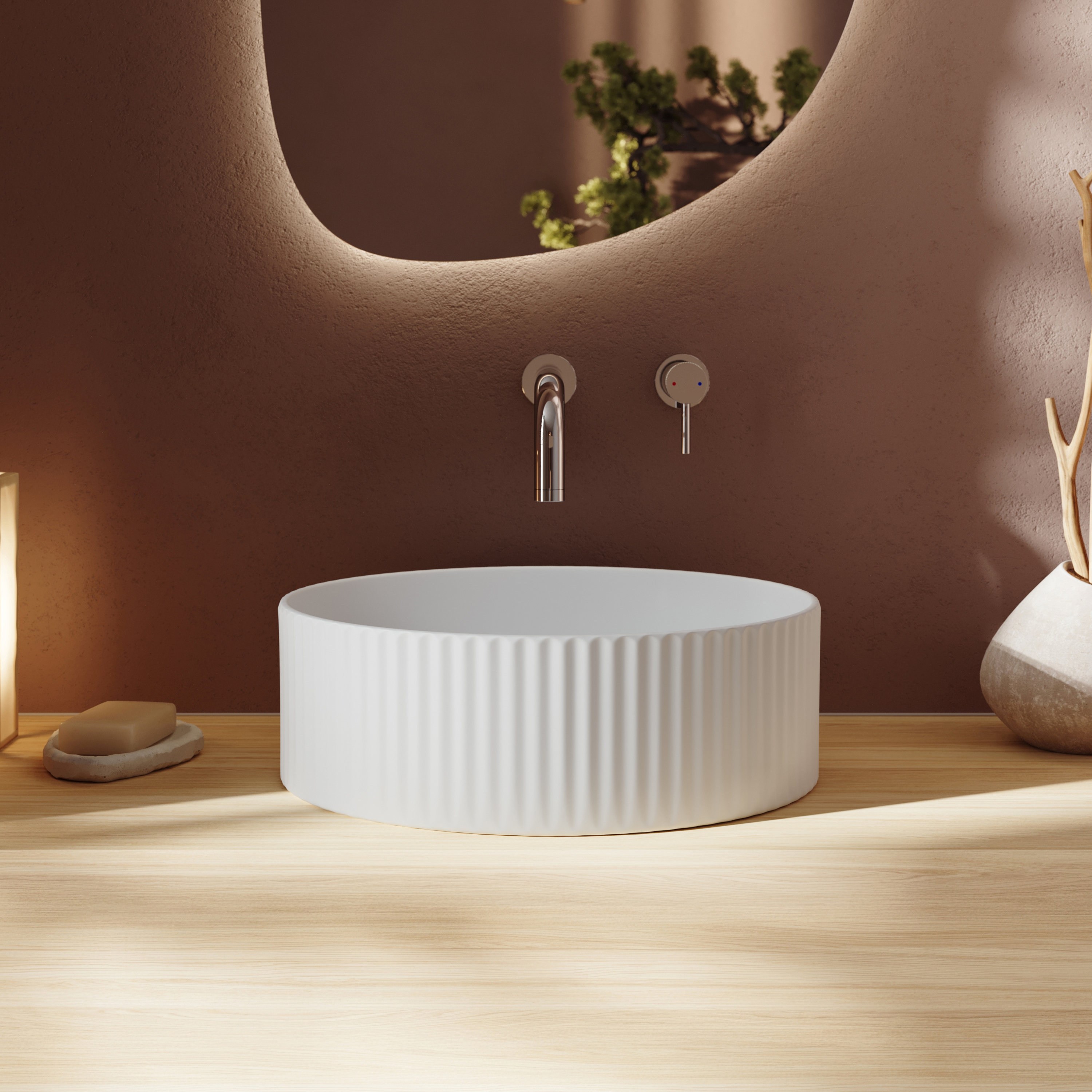 Billy Fluted Matt White Round Countertop Basin - 360mm