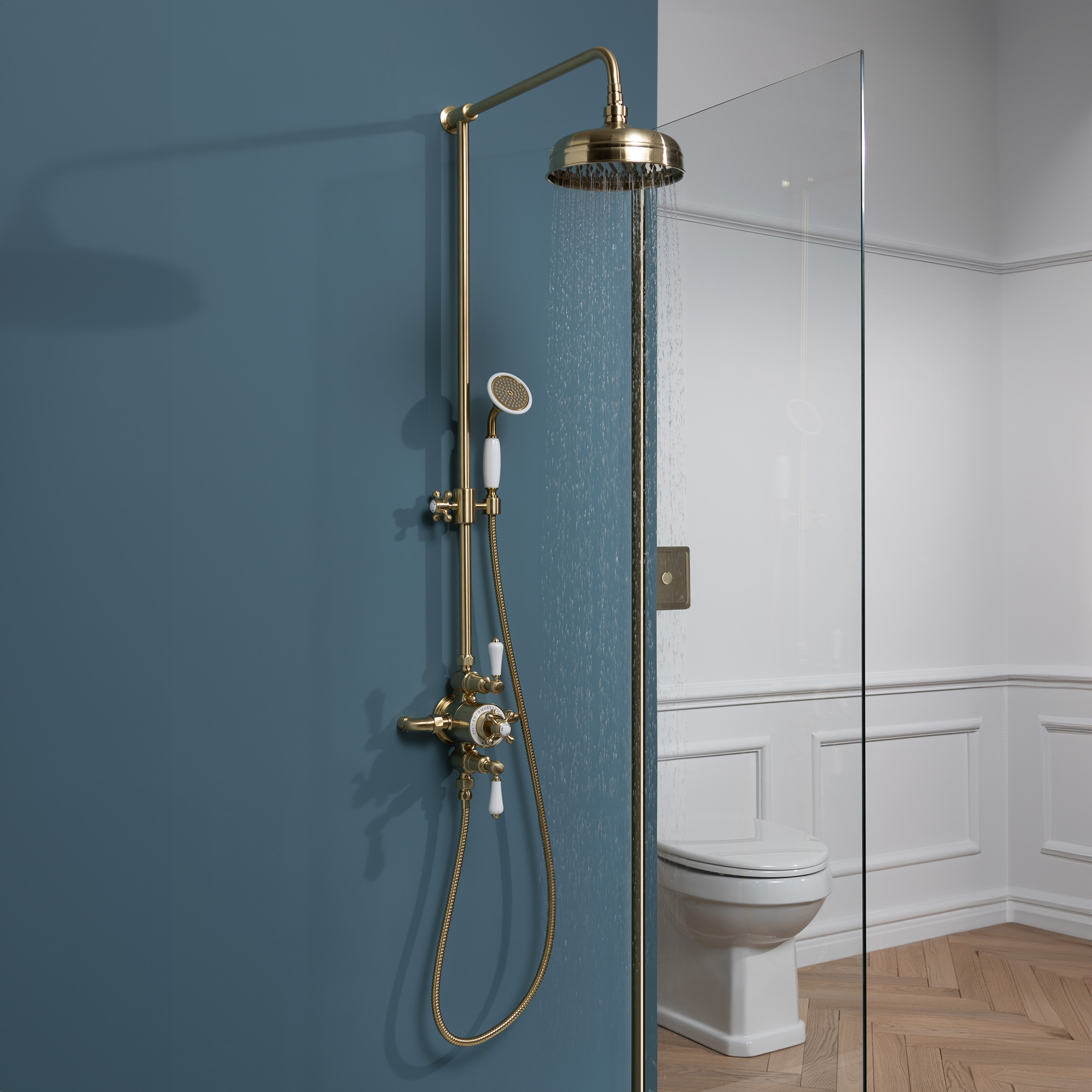 Butler & Rose Caledonia Cross Exposed Dual Outlet Rigid Riser Thermostatic Shower Set