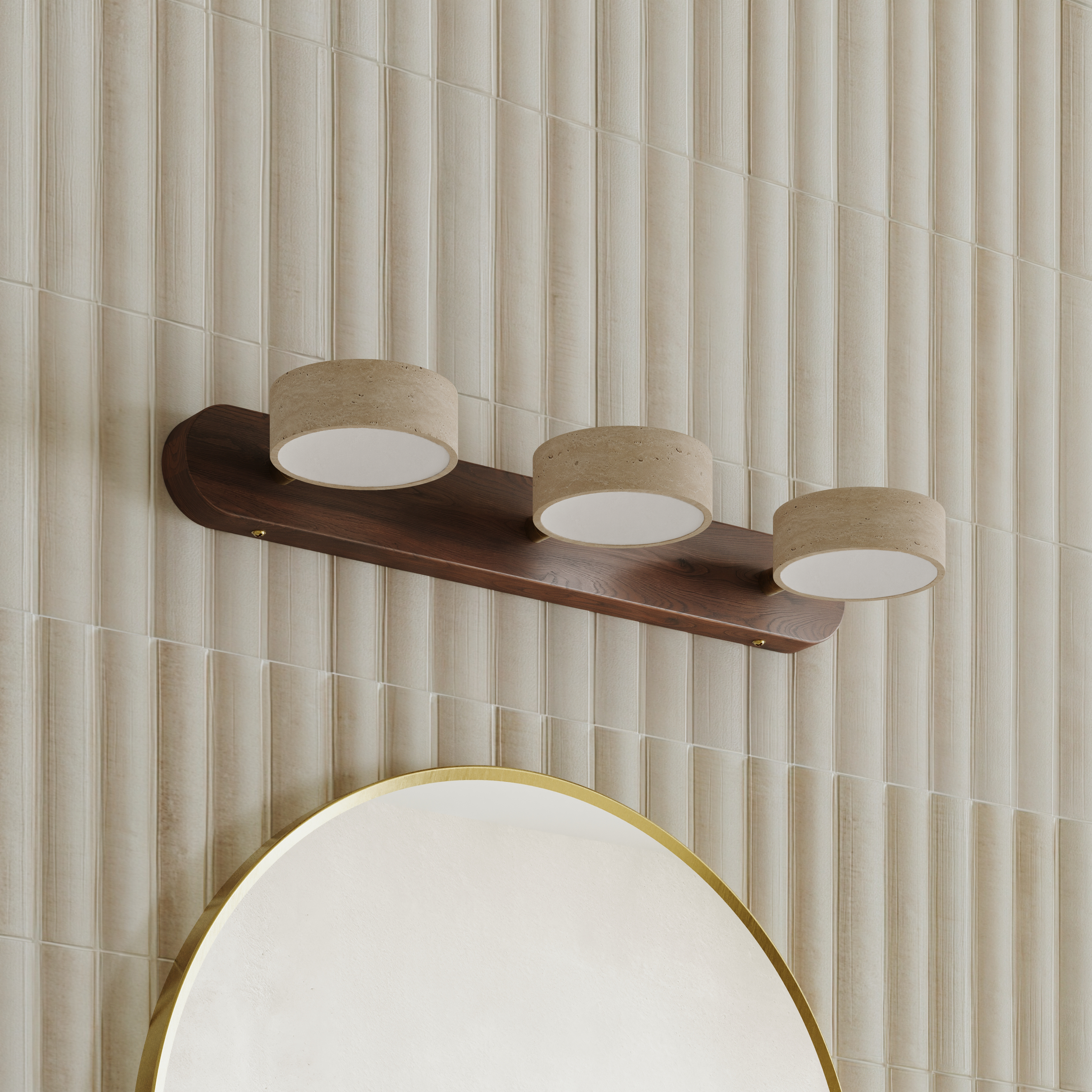 Alfie LED Illuminated Wood Framed Mirror with Trio Stone Wall Light in Dark Wood