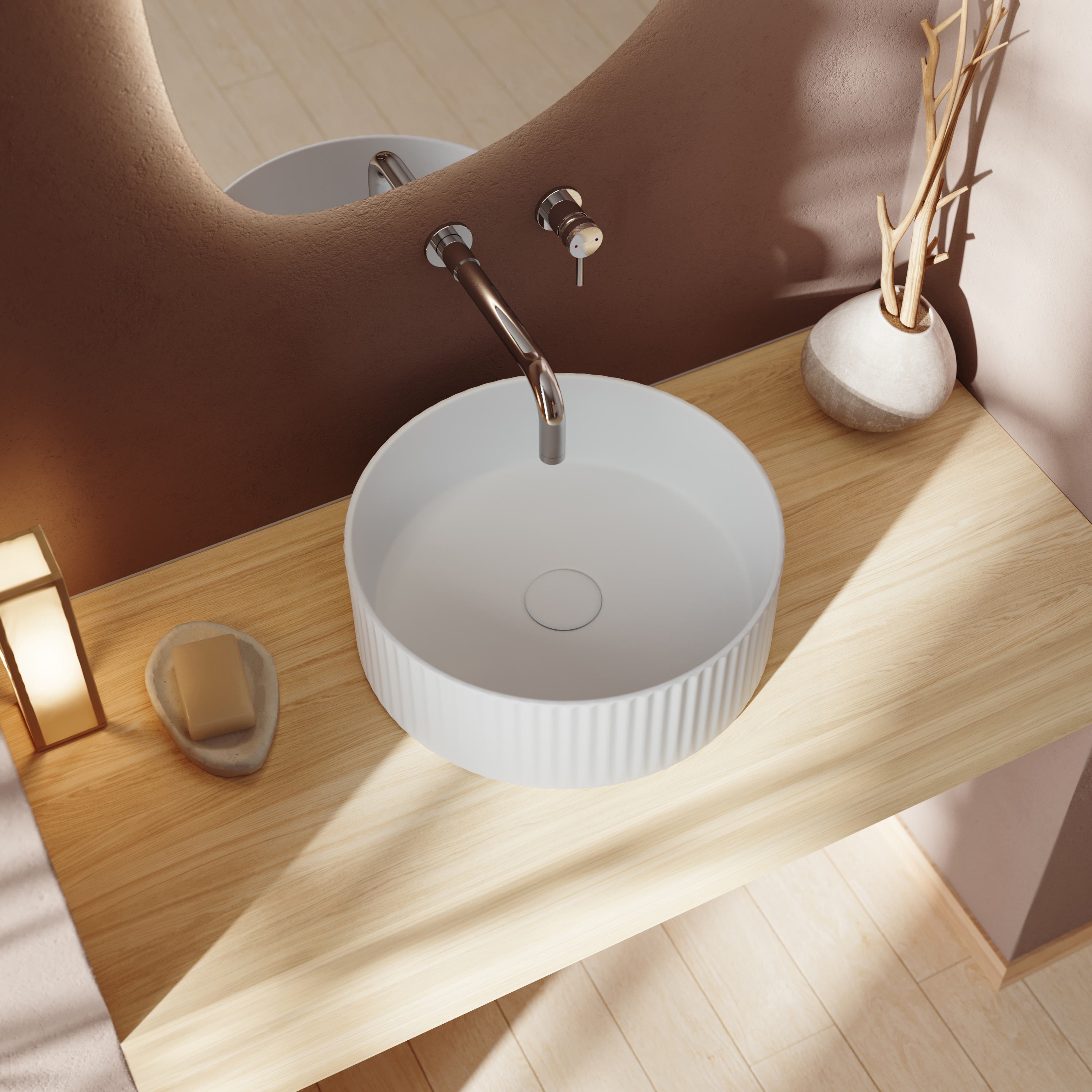 Billy Fluted Matt White Round Countertop Basin - 360mm
