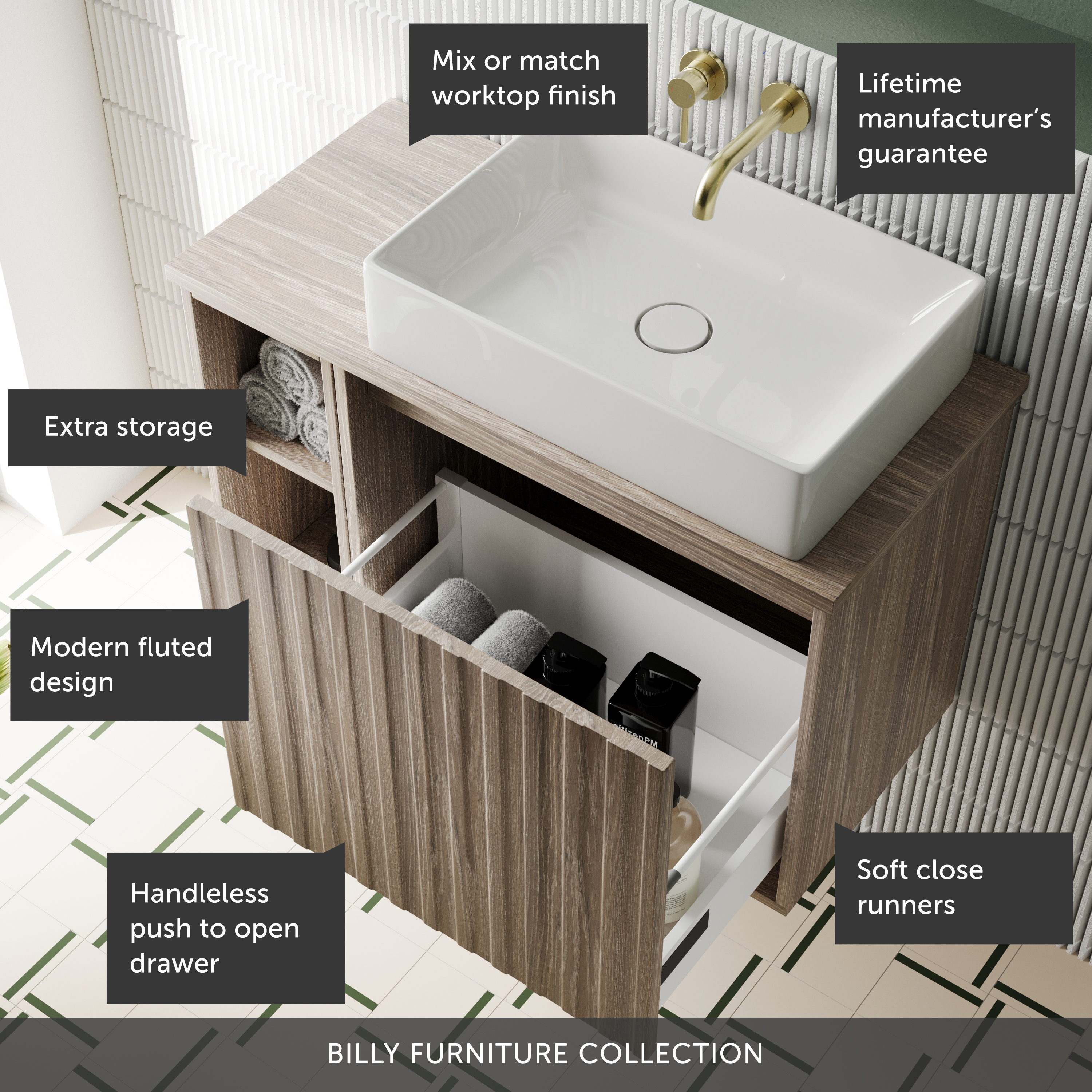 Billy 800mm Wall Hung Vanity Unit with Fluted Drawer Front & Countertop