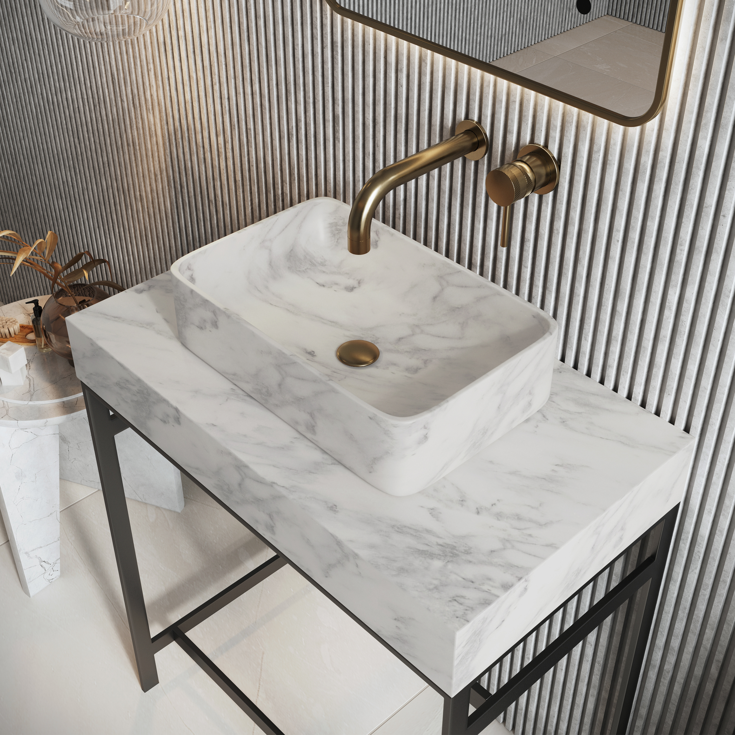 Harbour 800mm Venato White Marble Worktop with Matt Black Frame