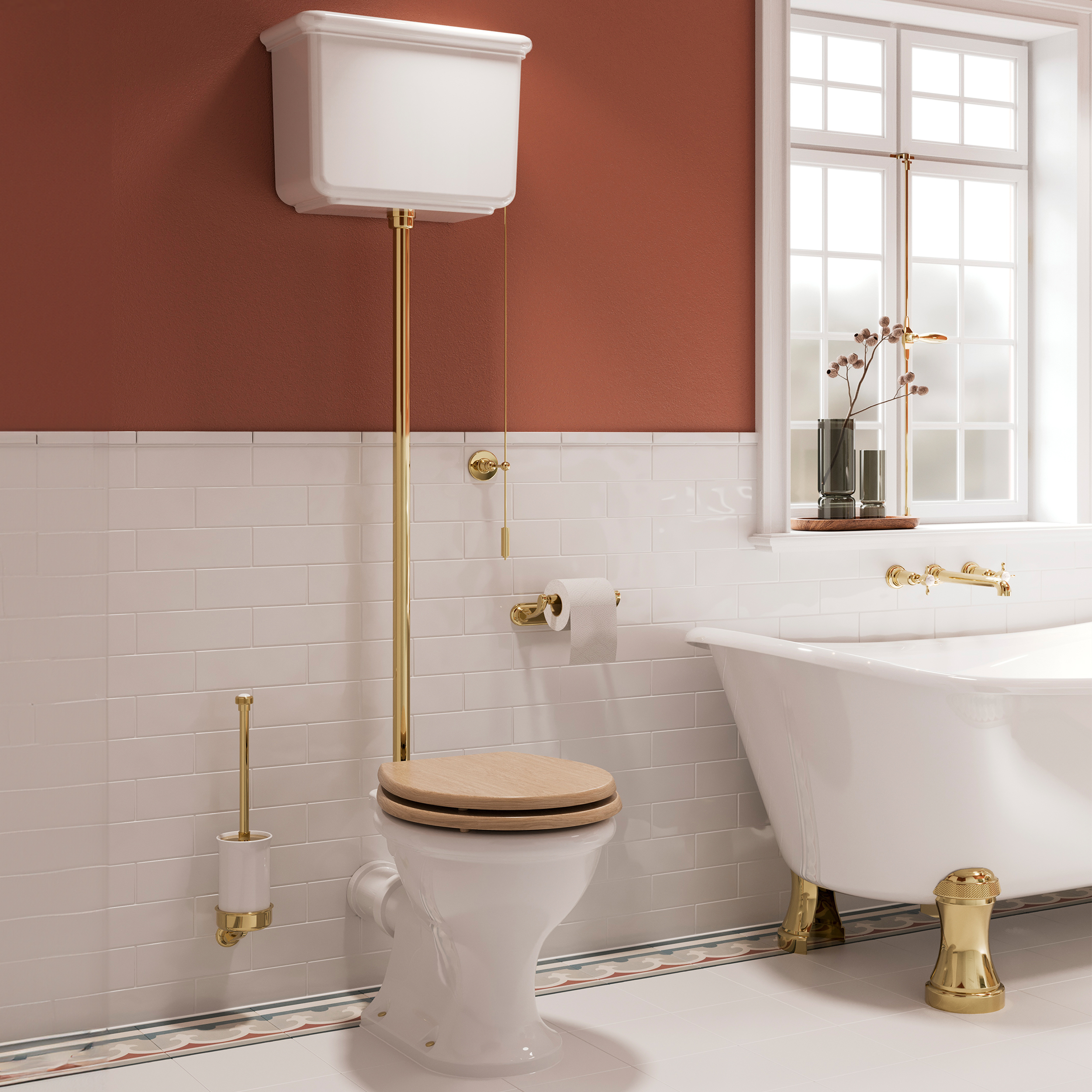 Burlington Guild Rimless High Level Toilet, Gold Flush Kit & Lever